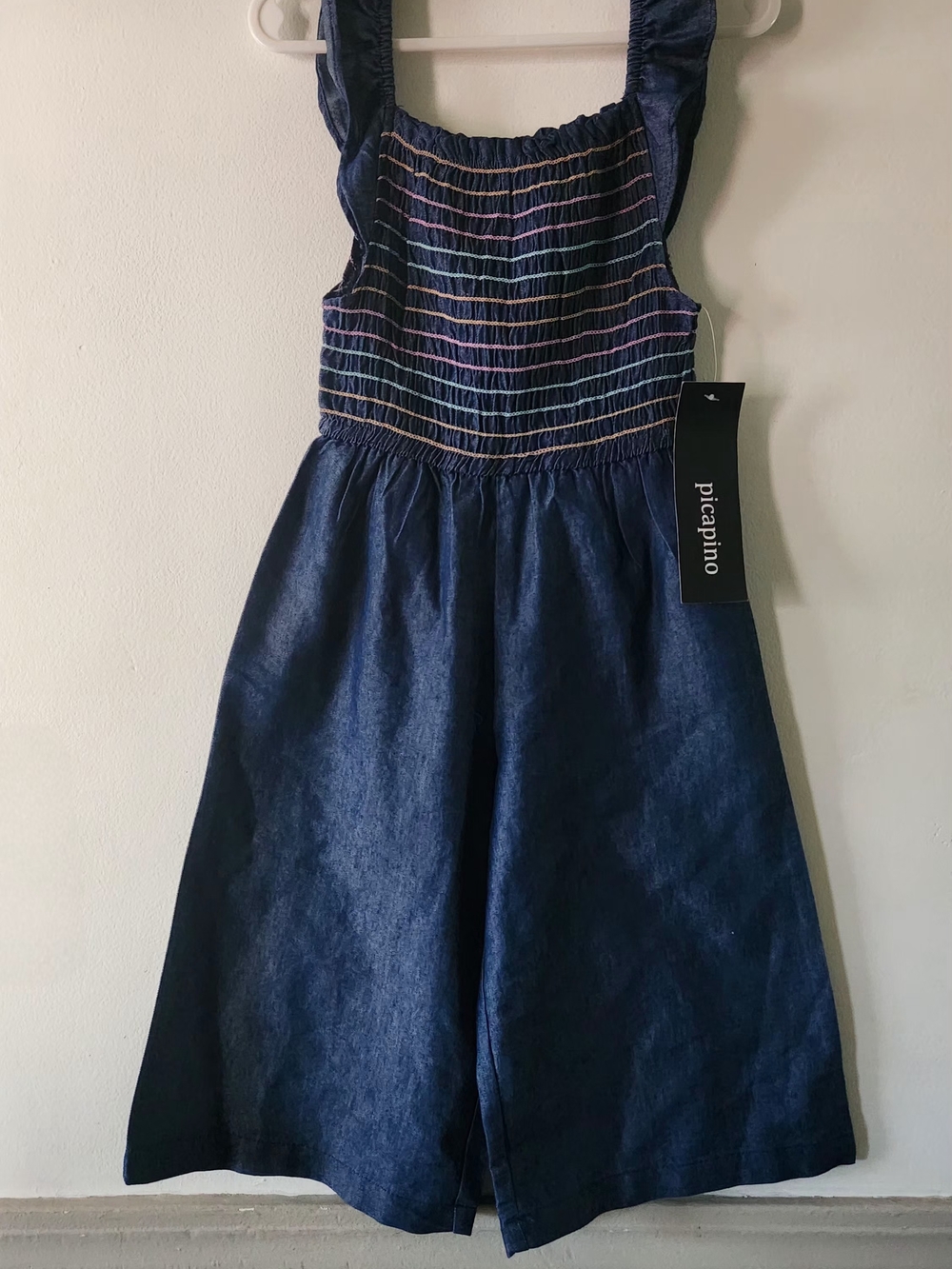 Picapino Girls' Navy Smocked Denim Jumpsuit Size 3T